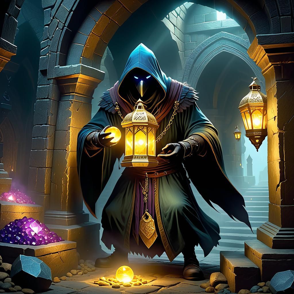 Kenku Stealing Gems in Crypt, Fantasy Illustration