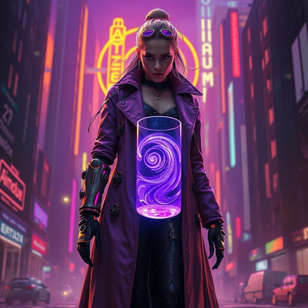 Cyberpunk Steampunk Scientist in Dystopian Cityscape