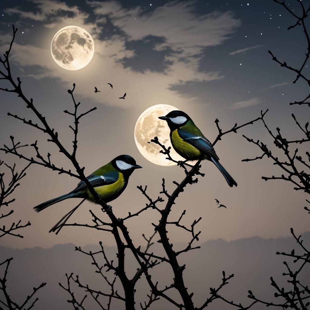 Great Tit Silhouette Under Full Moon in 8k
