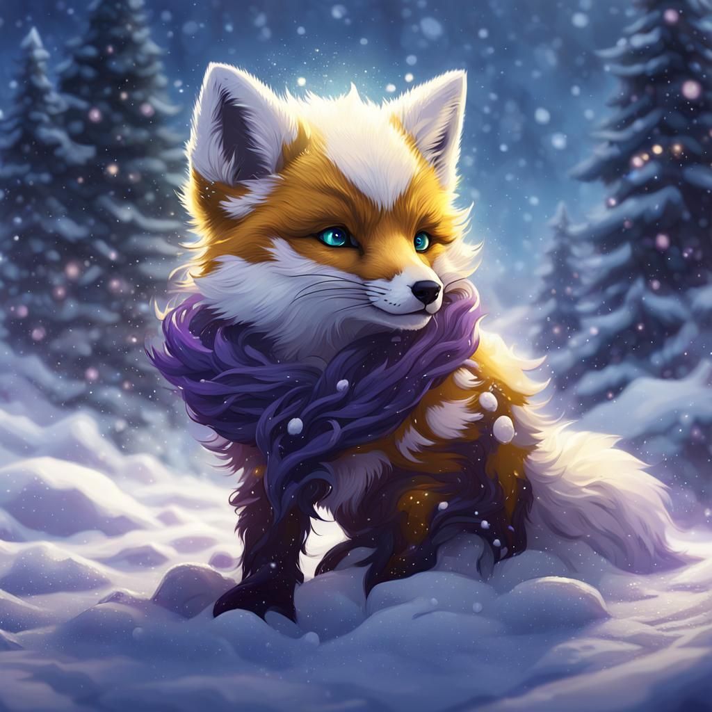 Arctic Fox Cub Playing in Snow, Dark Fantasy Art