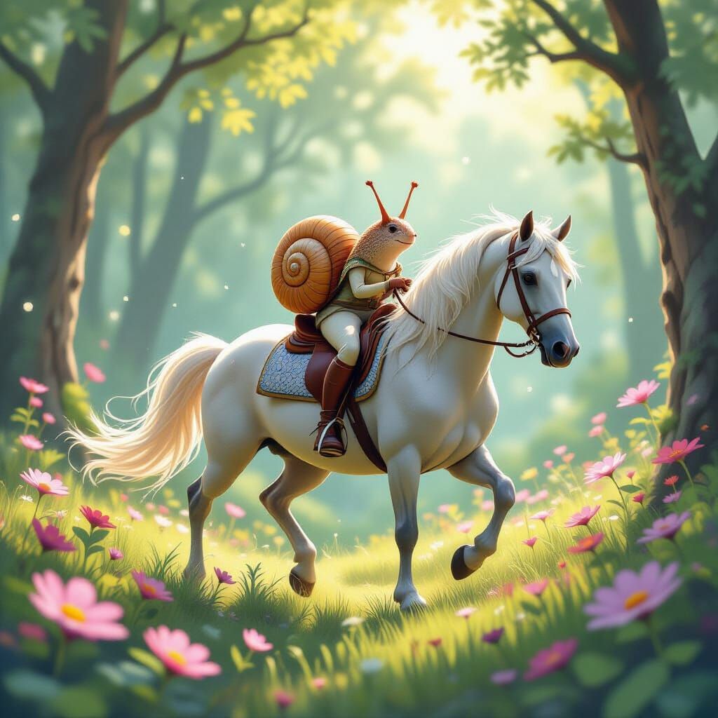Snail Rider in Whimsical Forest, Fantasy Concept Art