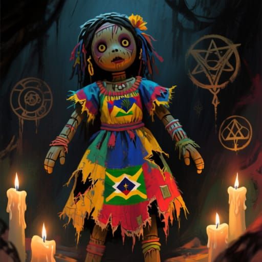 Voodoo Doll in Haitian Vodou Dress with Mystical Symbols