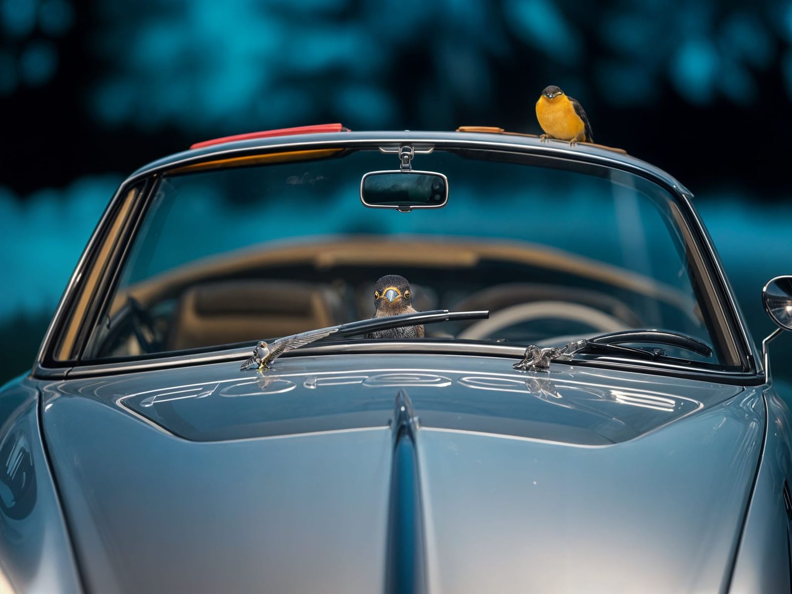 Silver Porsche Convertible on Night-Blue Backdrop