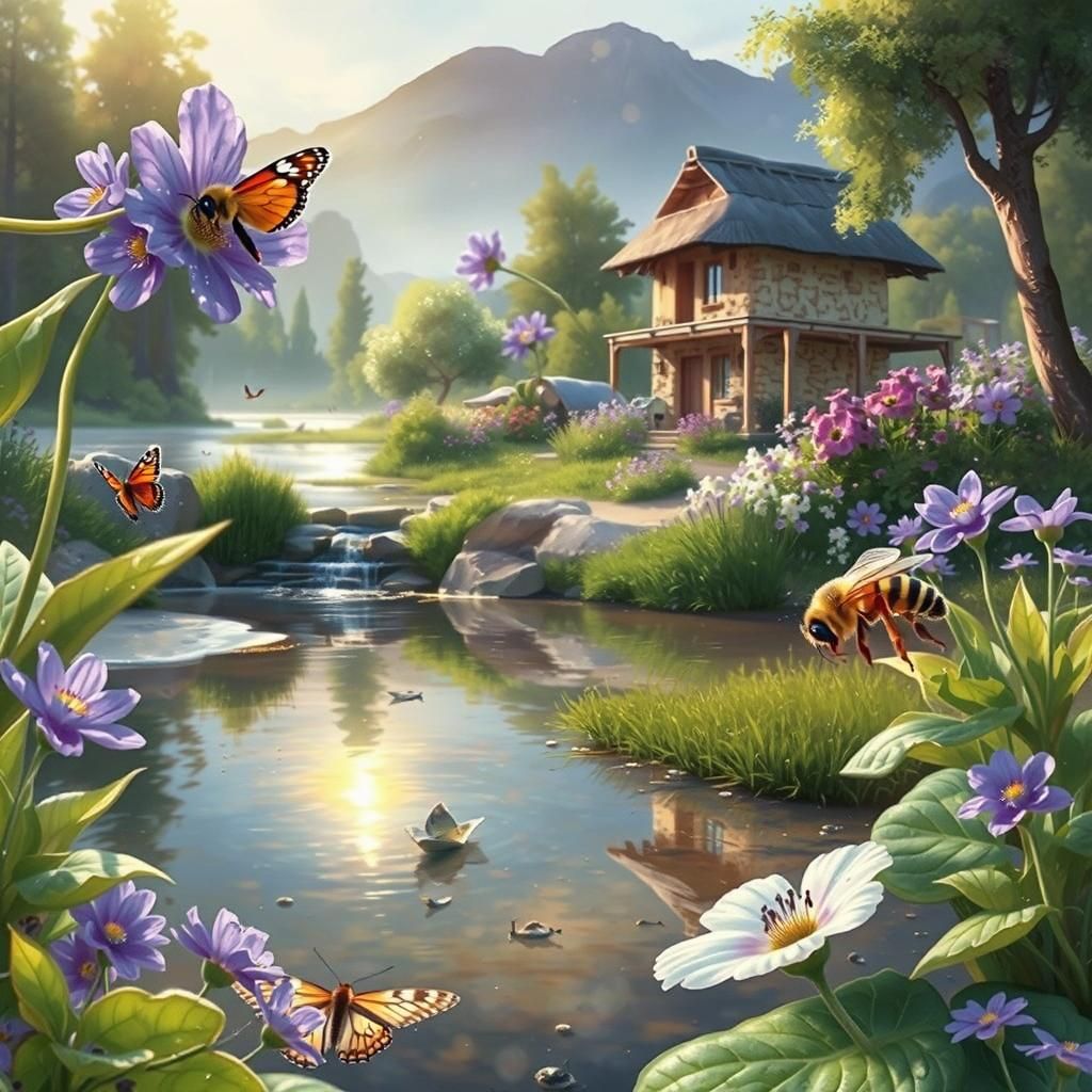 Drawing in beautiful, realistic colors: a bee on a flower wi...