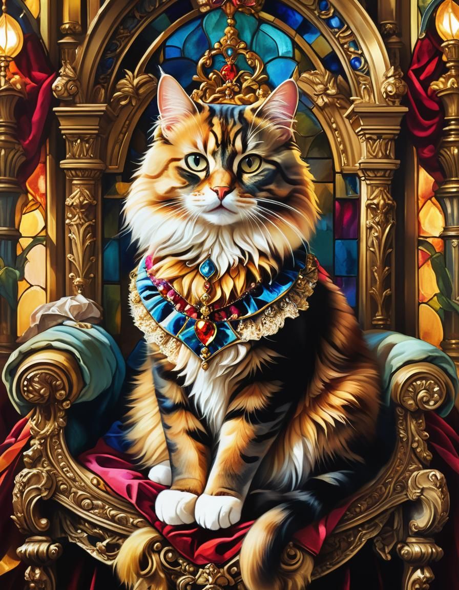 Regal Cat on Ornate Throne: Baroque Fantasy Art