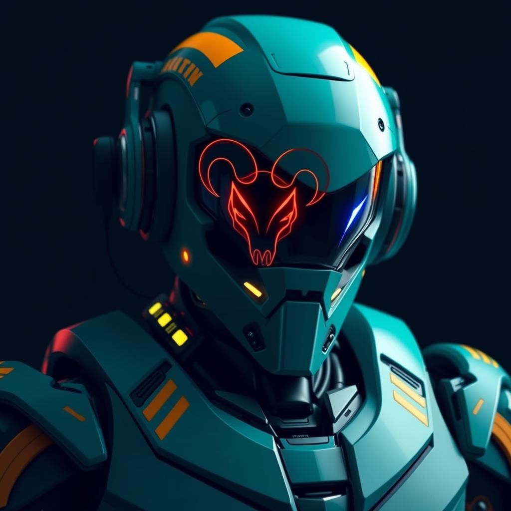 Teal Mech Warrior with Ram Skull Logo