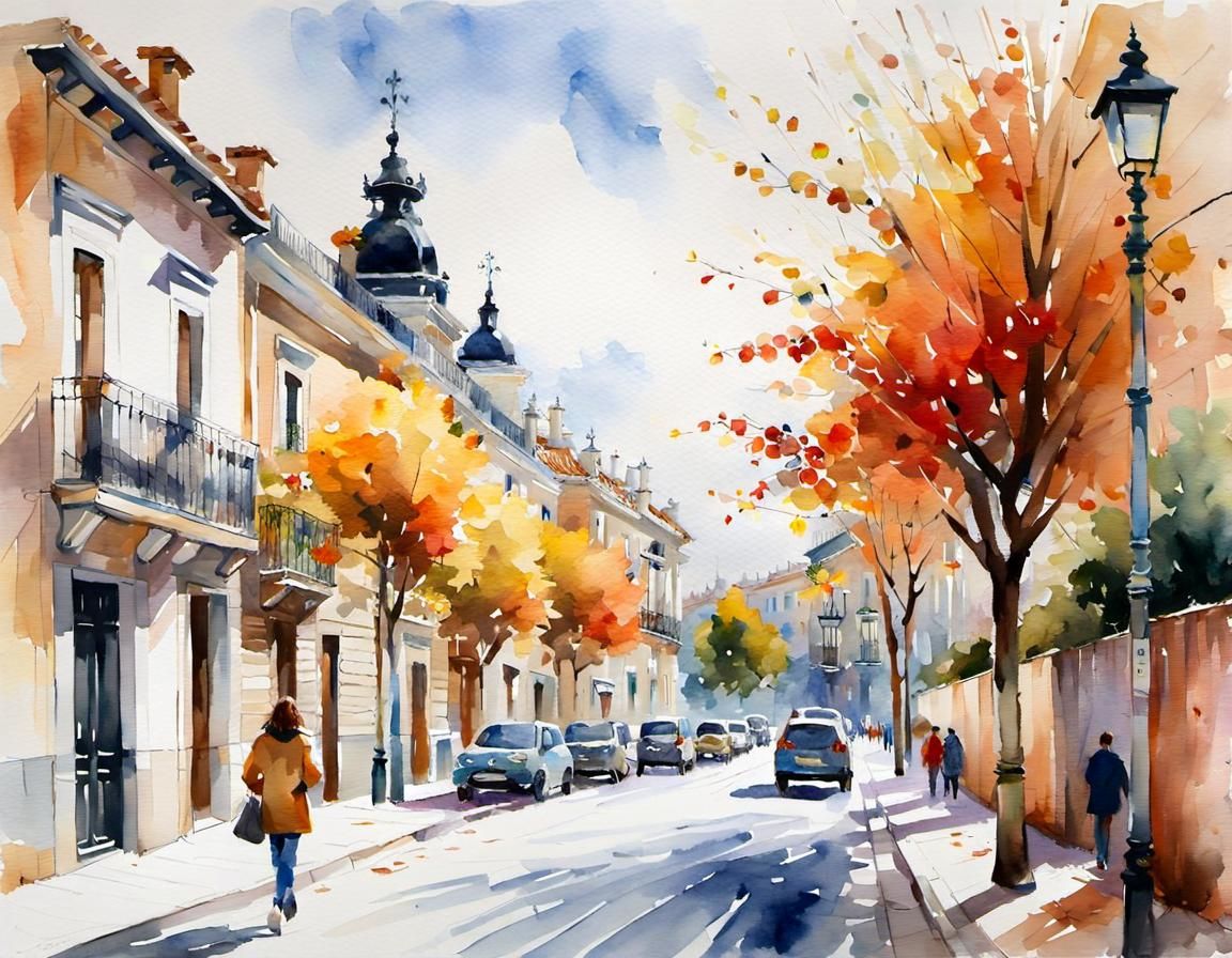 Madrid Suburb Street in Autumn, Watercolor Painting
