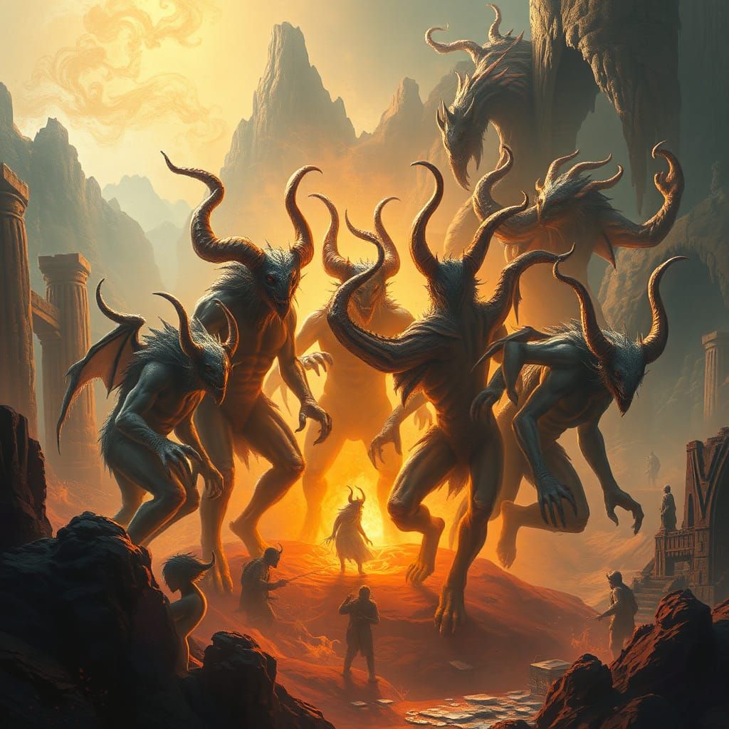Fantastical Demons in Golden Light: Digital Art