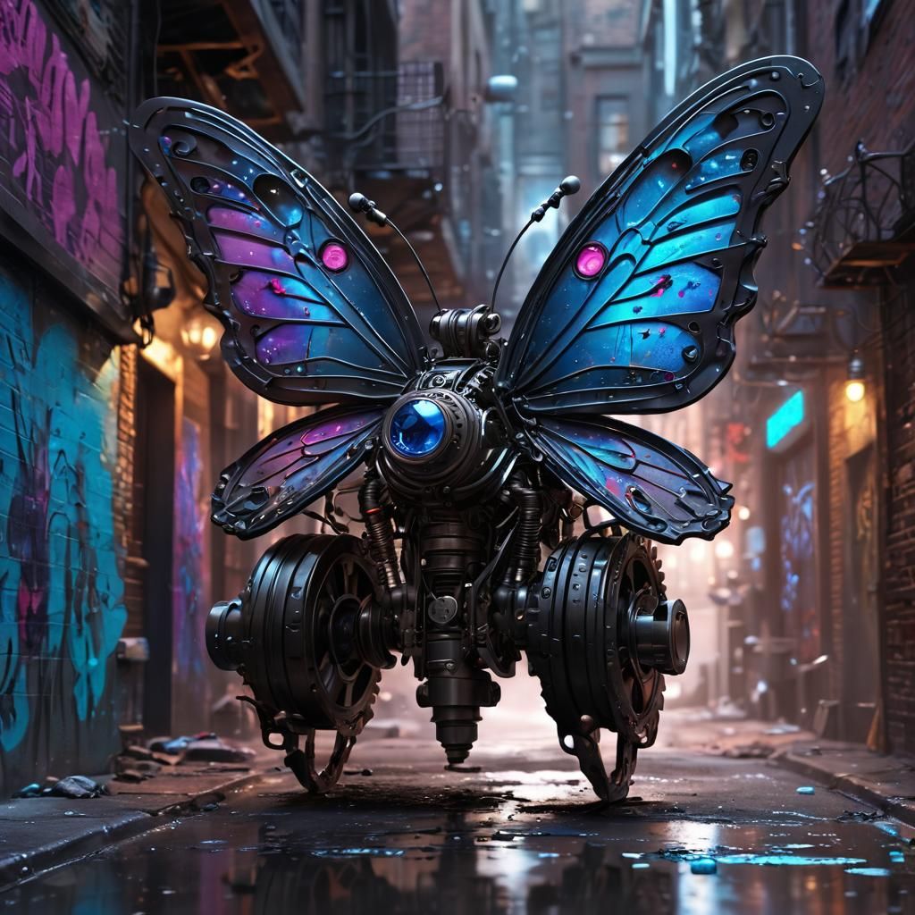 Cyberpunk Butterfly Graffiti Artist in Neon Alley