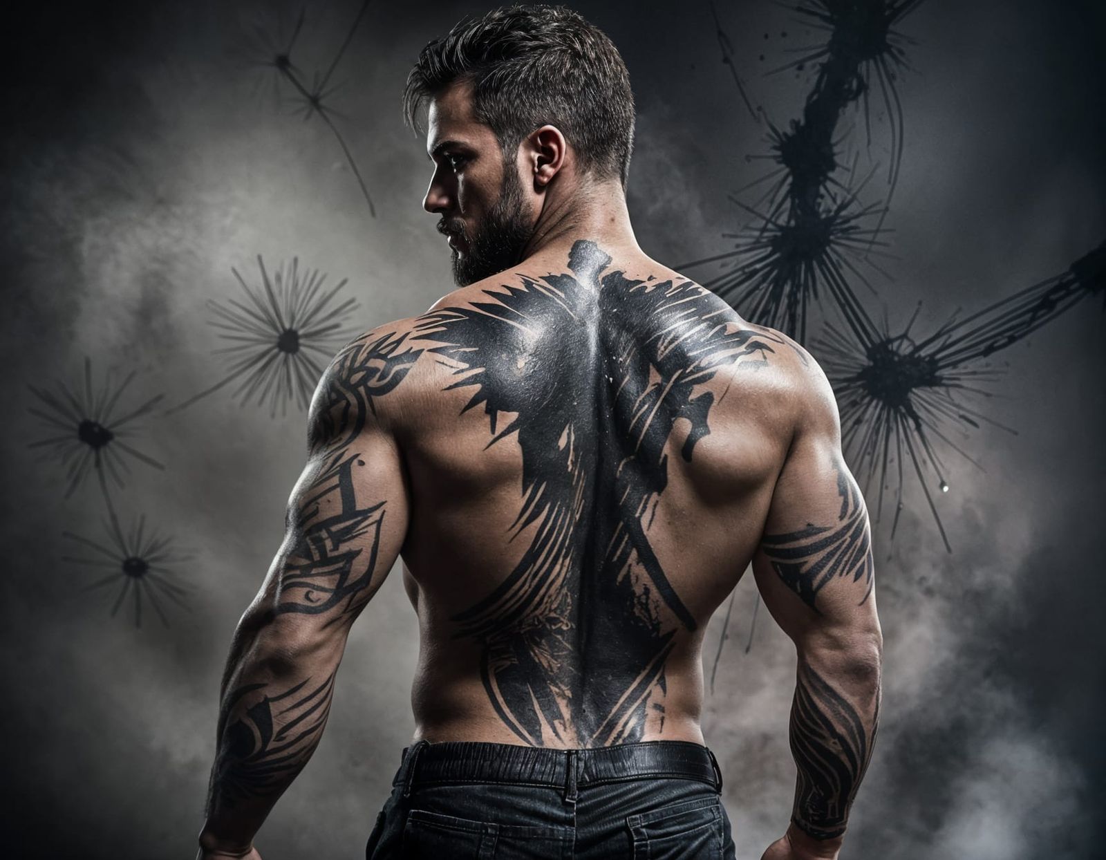 Muscular Man with Ink Splatter Tattoo