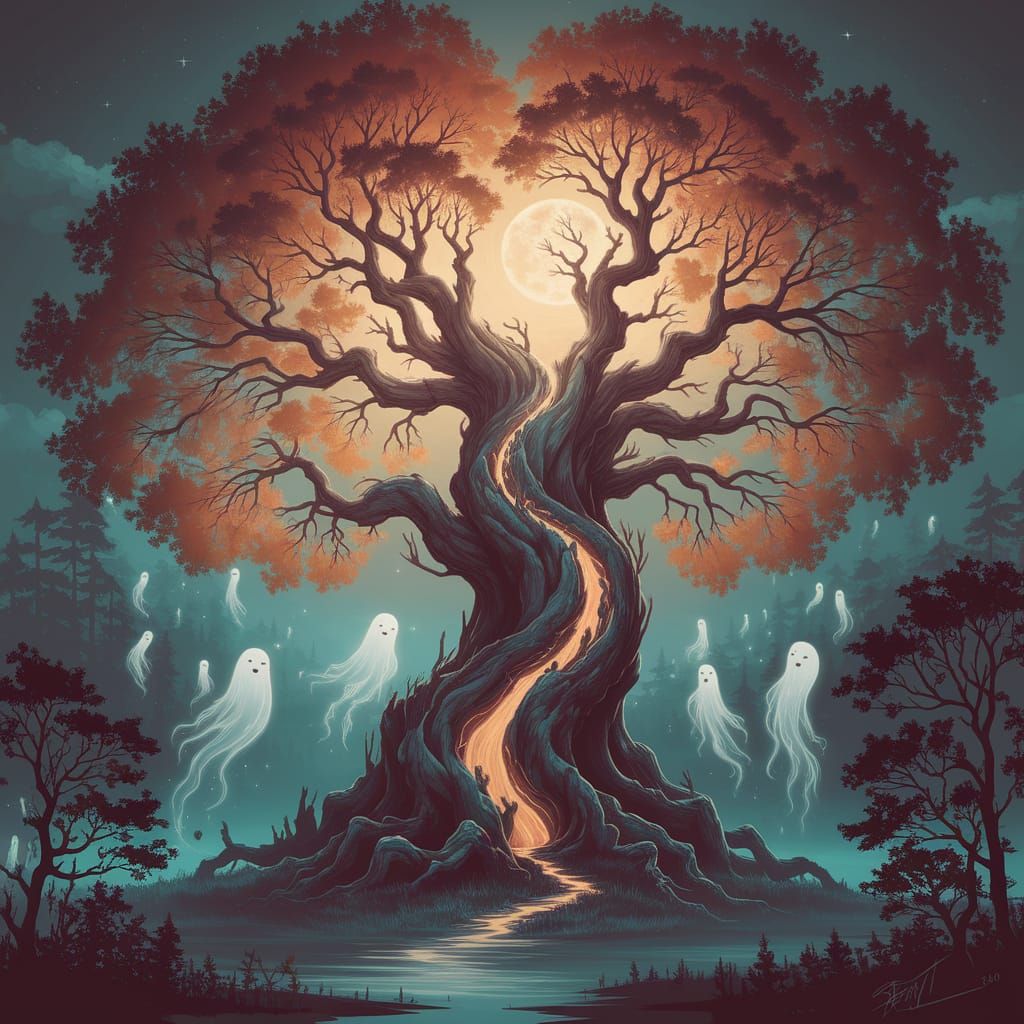 Ethereal Moonlit Forest Scene in Dreamy, Whimsical Style