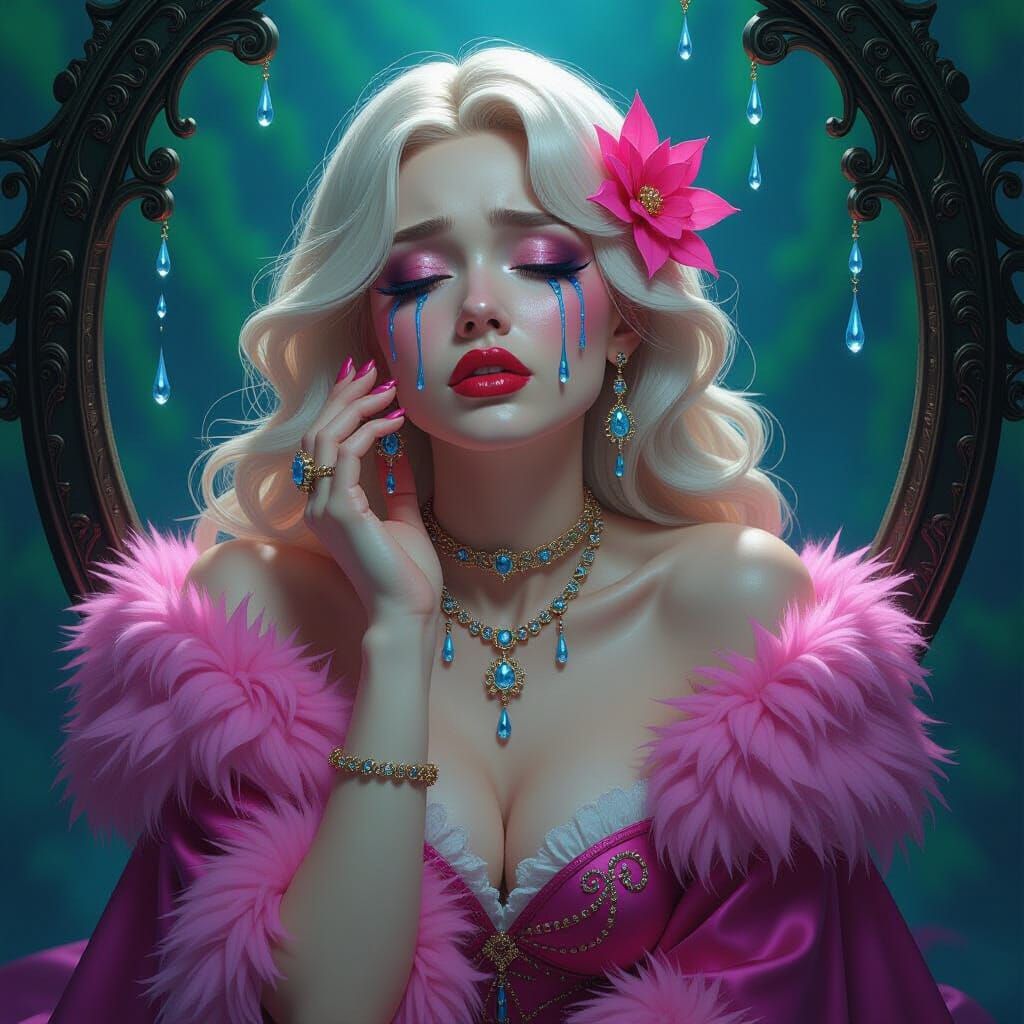 Porcelain Woman Crying Silver Tears in Ink