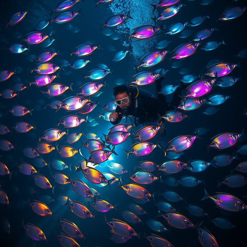 Diver Surrounded by Iridescent Fish in Underwater Ballet
