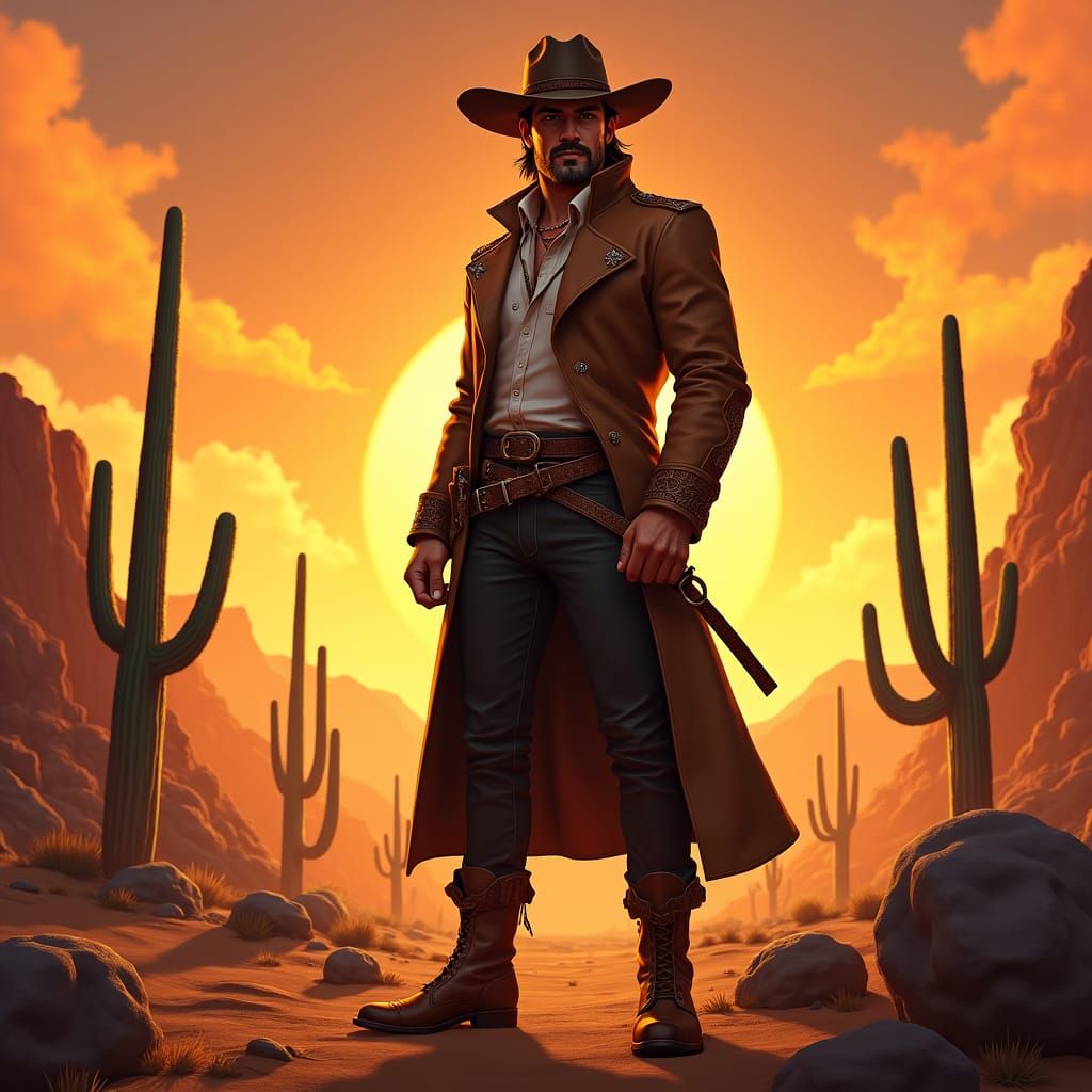 Confident Cowboy in Arid Desert Landscape