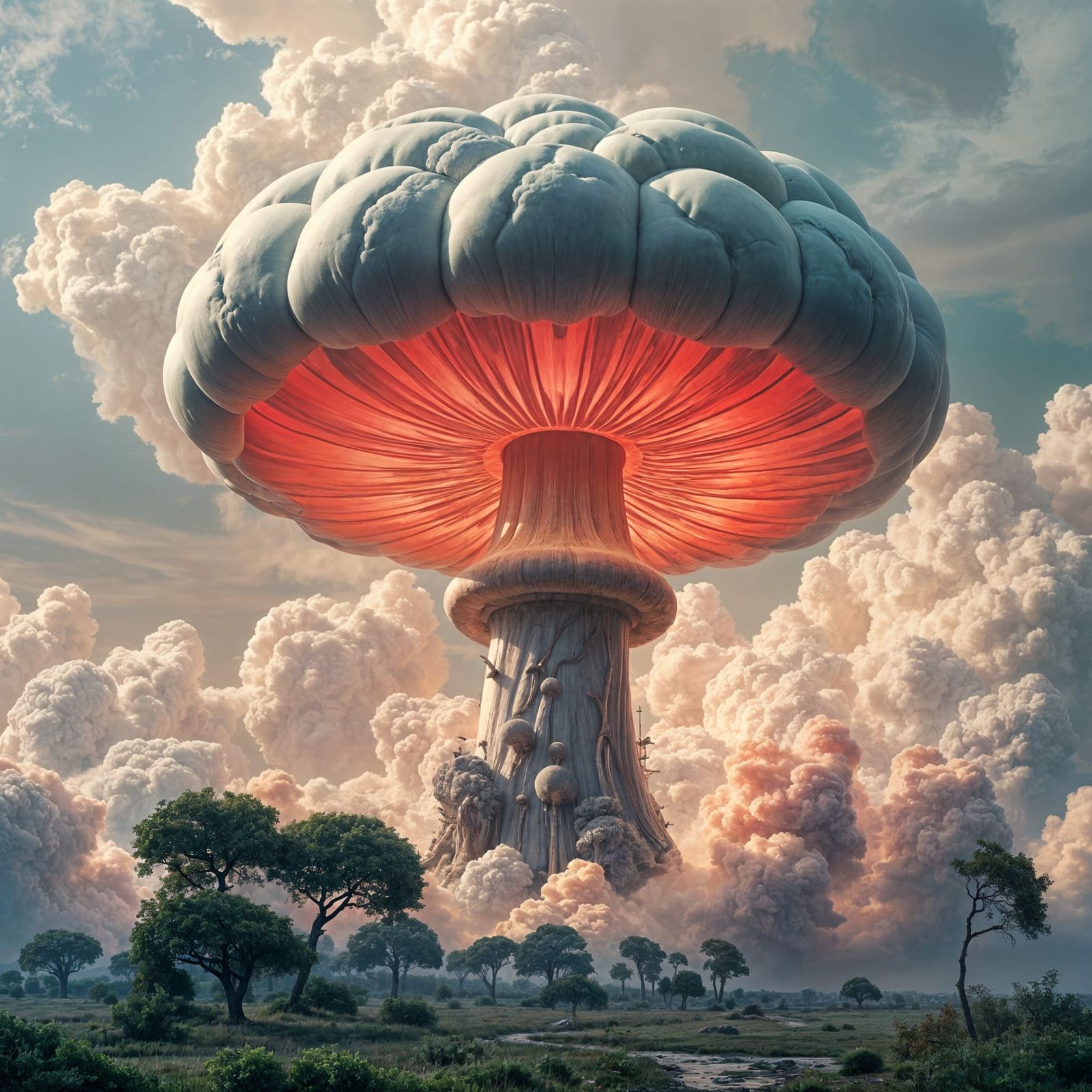 Surreal Mushroom Cloudscape in Neon Futurism Style