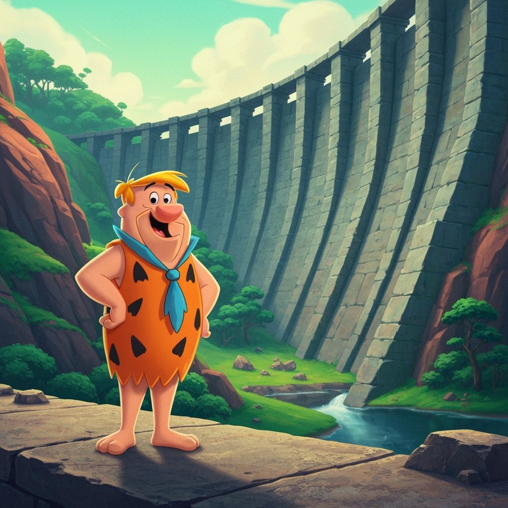 Fred Flintstone Beside Ancient Stone Dam