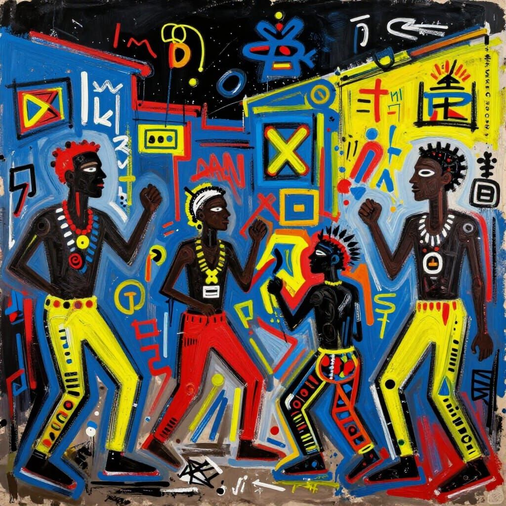 Vibrant Haitian Night Scene in Basquiat Neo-Expressionist St...