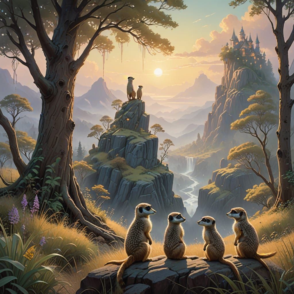Whimsical Meerkats in Dreamlike Landscape