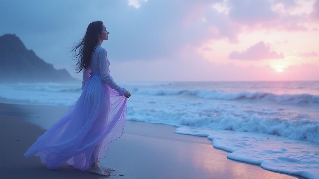 Ethereal Maiden at Misty Shoreline in Dreamscape