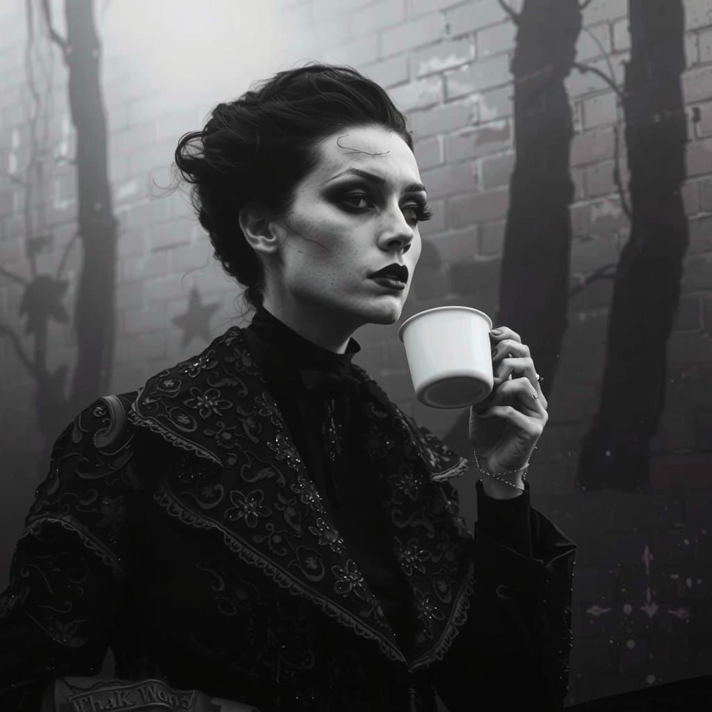 Goth Fashion Model in Moody Coffee Shop Photography