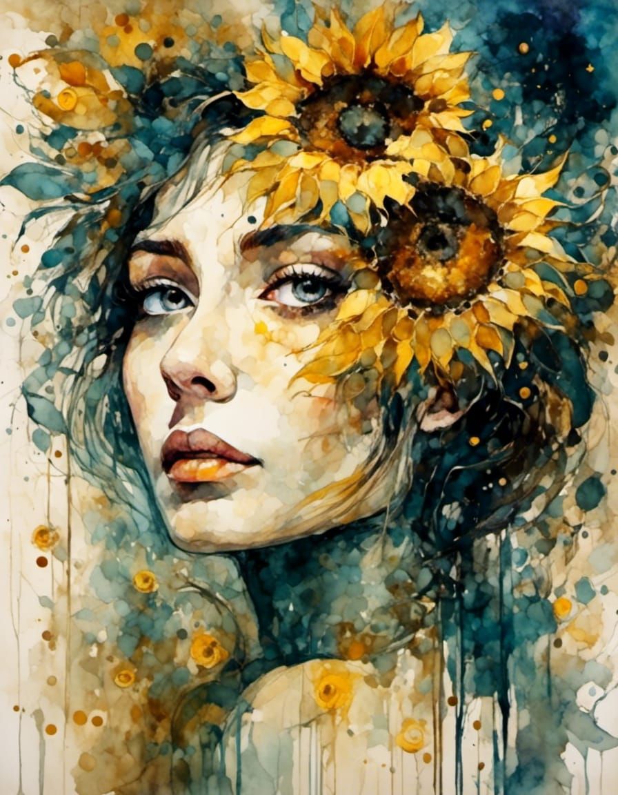 Sunflower Woman Portrait in Expressionist Style