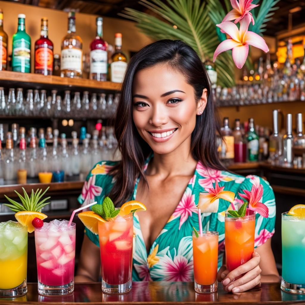 Hawaiian Bartender Serving Colorful Drinks in Busy Bar