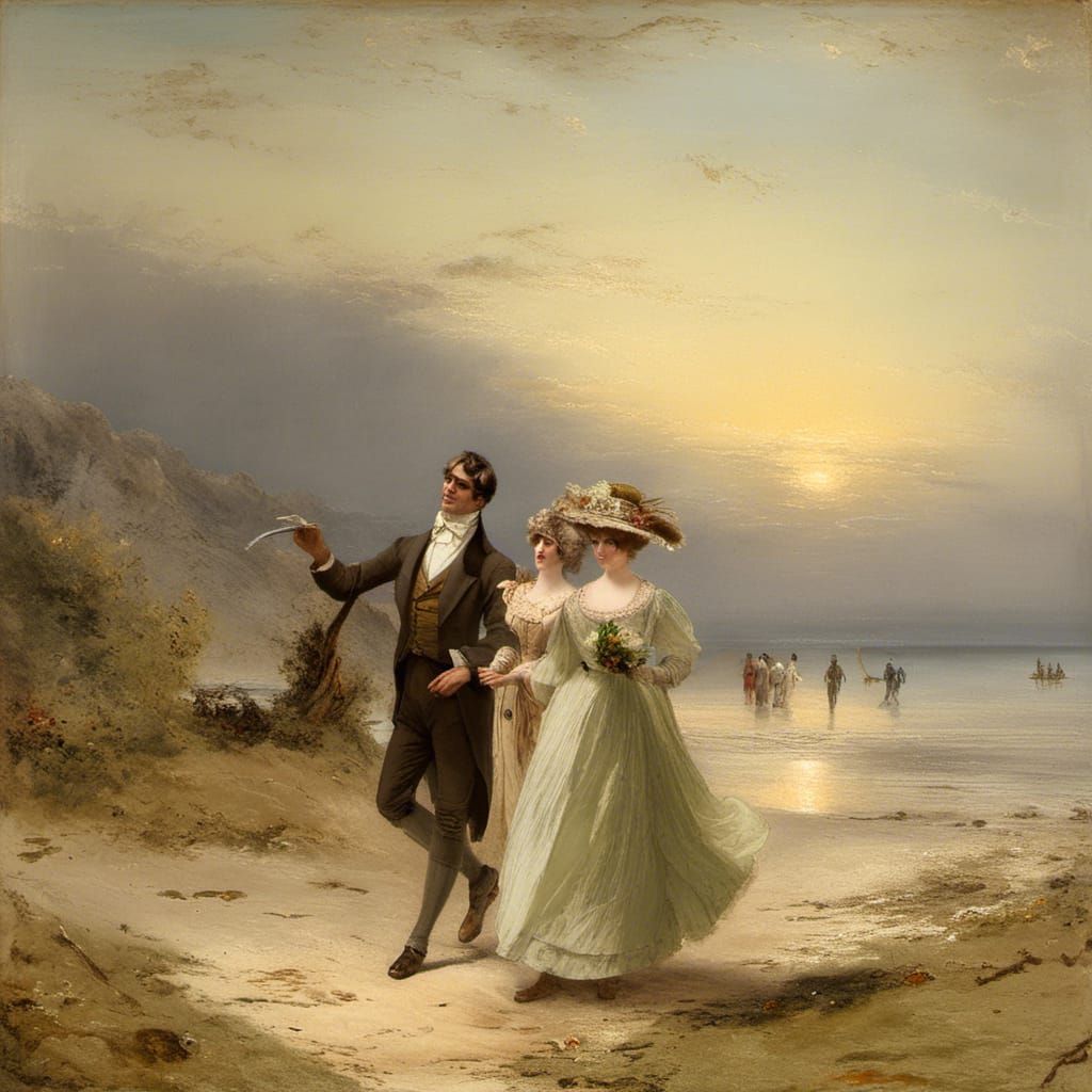 Regency Couple Stroll on Beach in Oil Painting Style