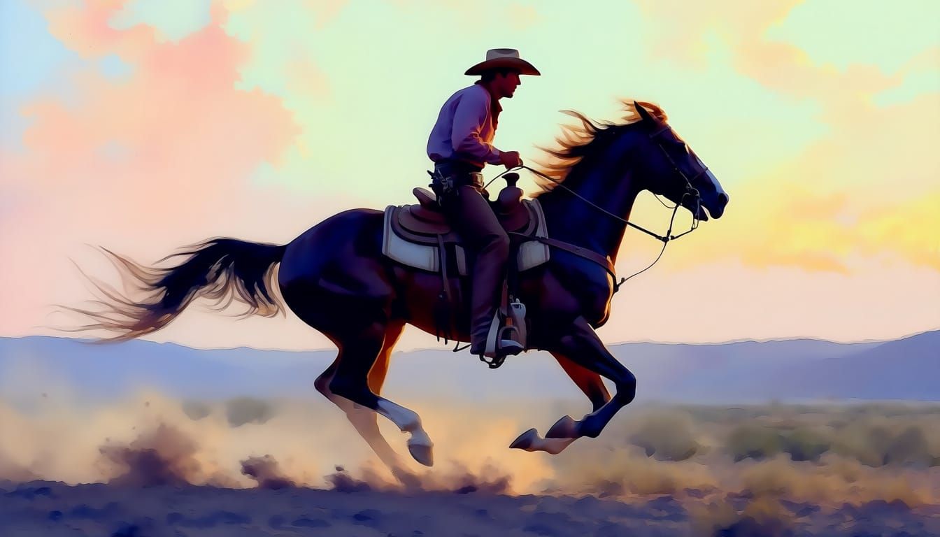 Cowboy Galloping Towards Viewer in Watercolor Style