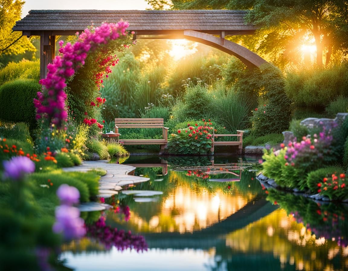 Tranquil Garden Oasis with Pond and Seating Area