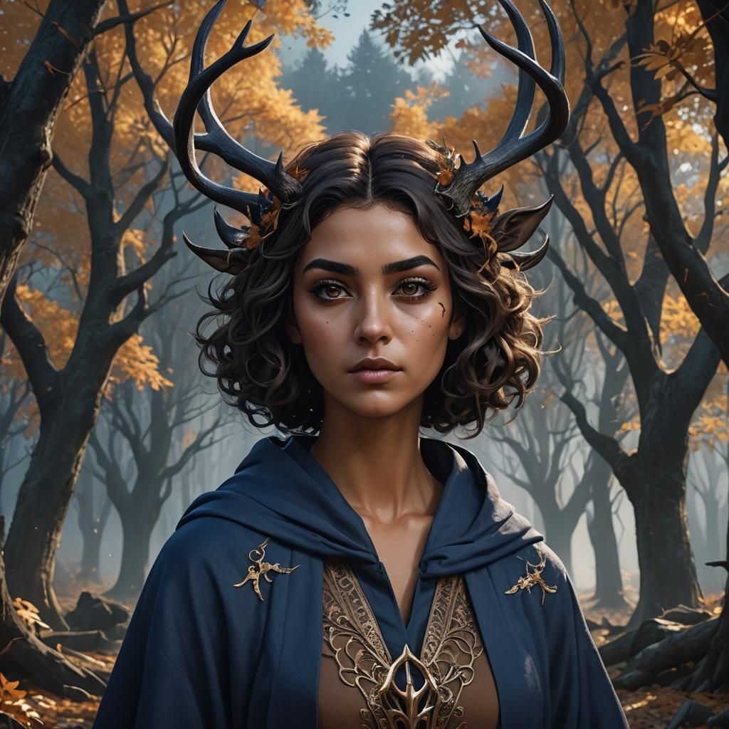 Antlered Woman in Autumn Forest: Fantasy Concept Art