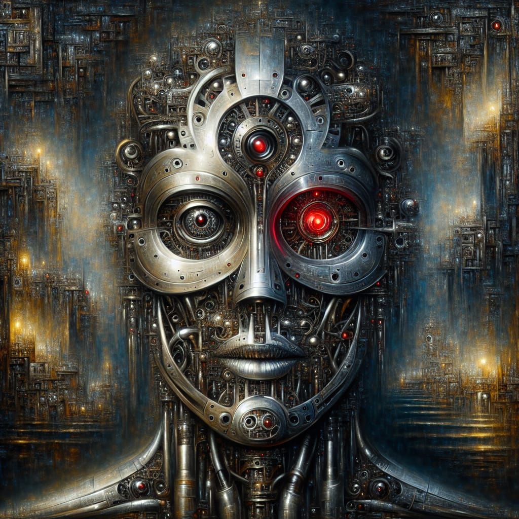 Gothic Cyborg with Red Eye, Oil on Canvas