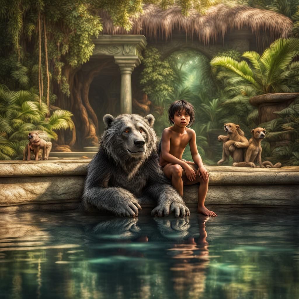 Mowgli and Baloo Relaxing in Jungle Pool