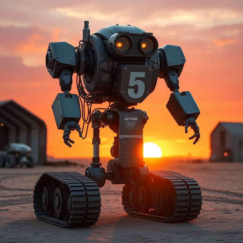 Modernized Number 5 Robot in Desert Sunset, 3D Render
