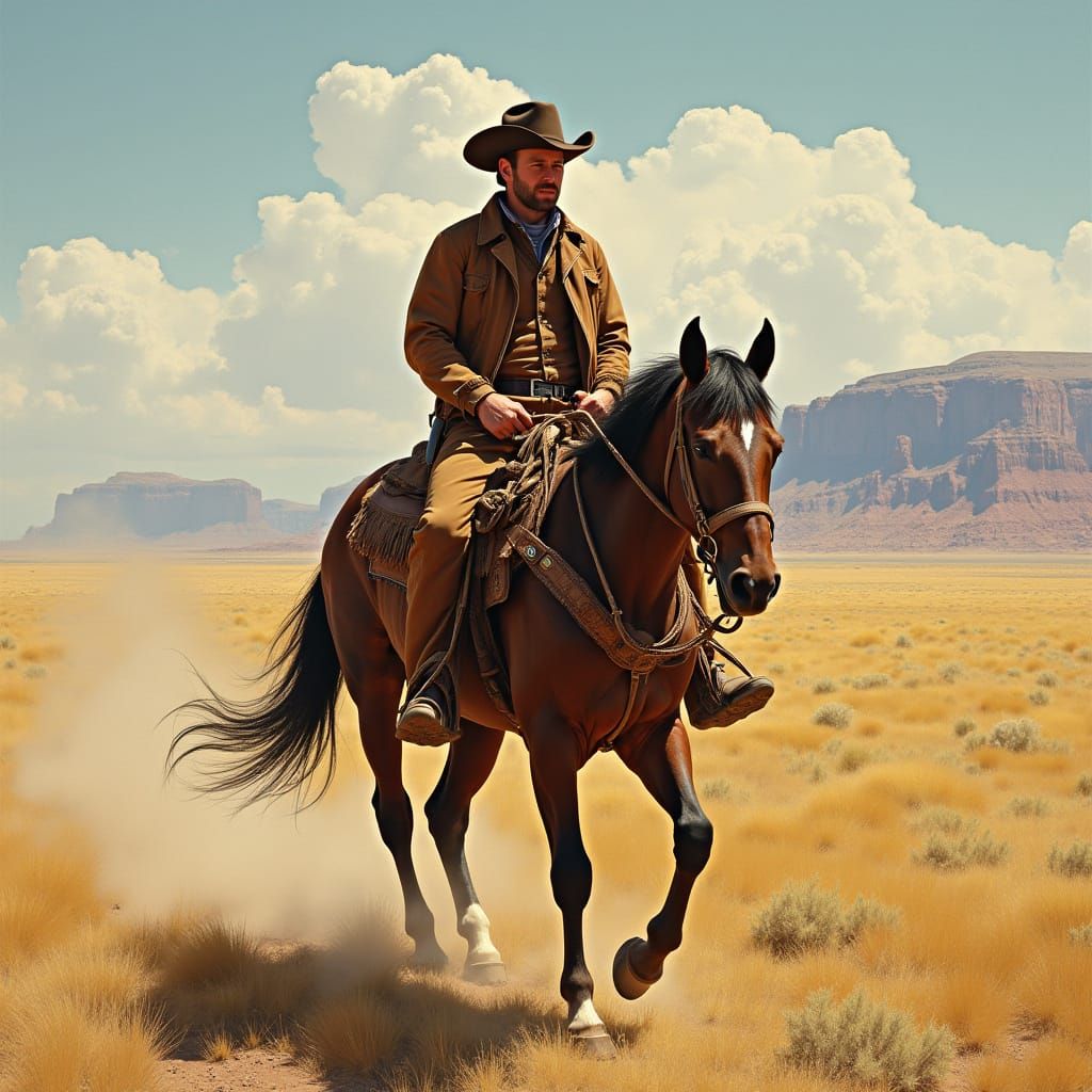 Cowboy Rides the American Frontier as Painting