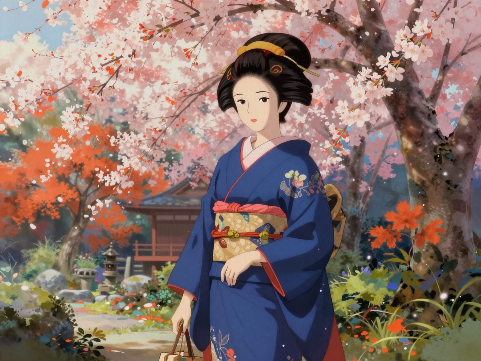Anime Geisha in Vibrant Garden, Complementary Colors