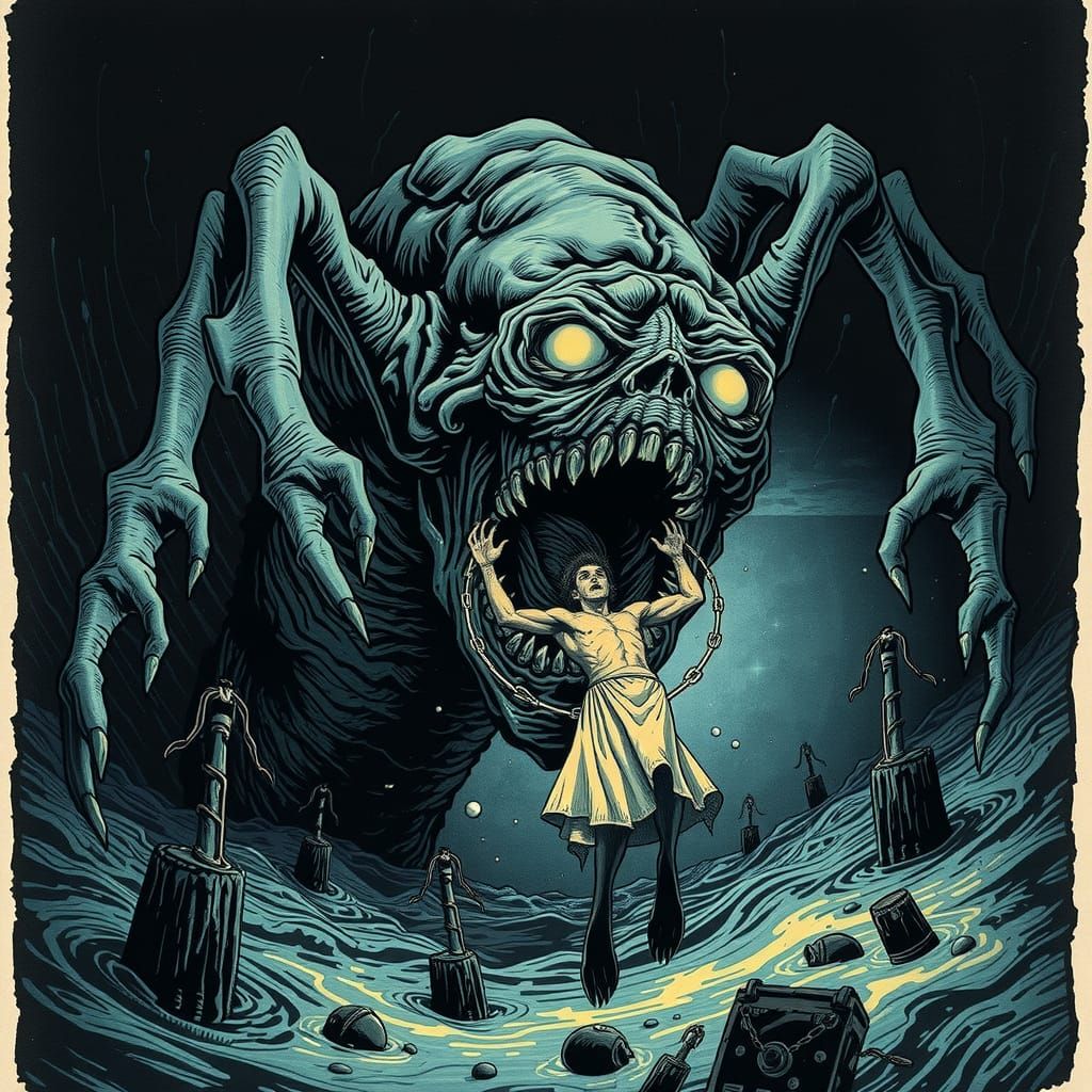 Grotesque Abyssal Horror Devouring a Diver