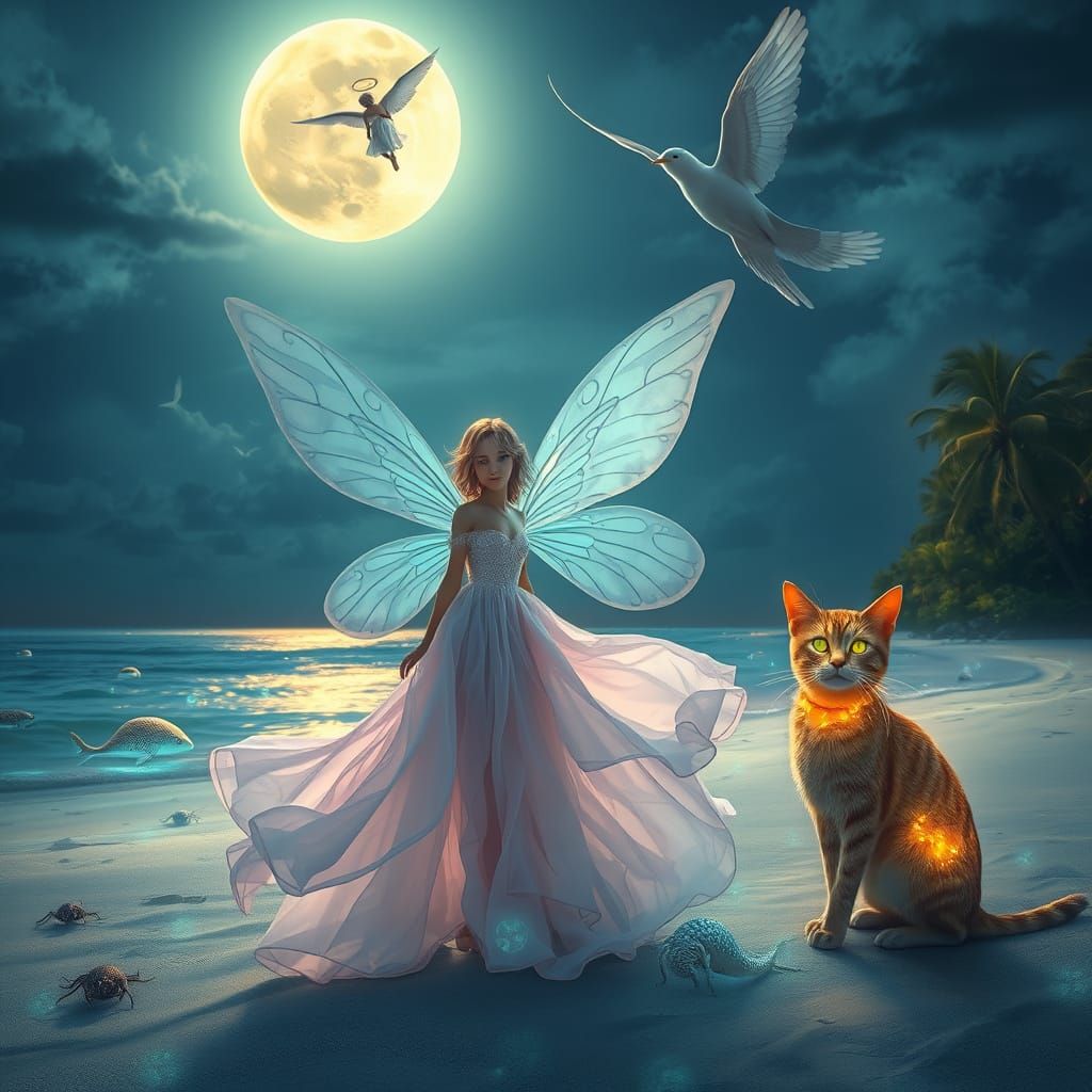 Bioluminescent Beach Fairy with Mystical Cat in Fantasy Real...