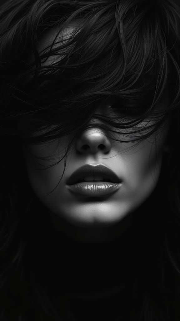 Exaggerated Black & White Portrait of Mysterious Woman with ...