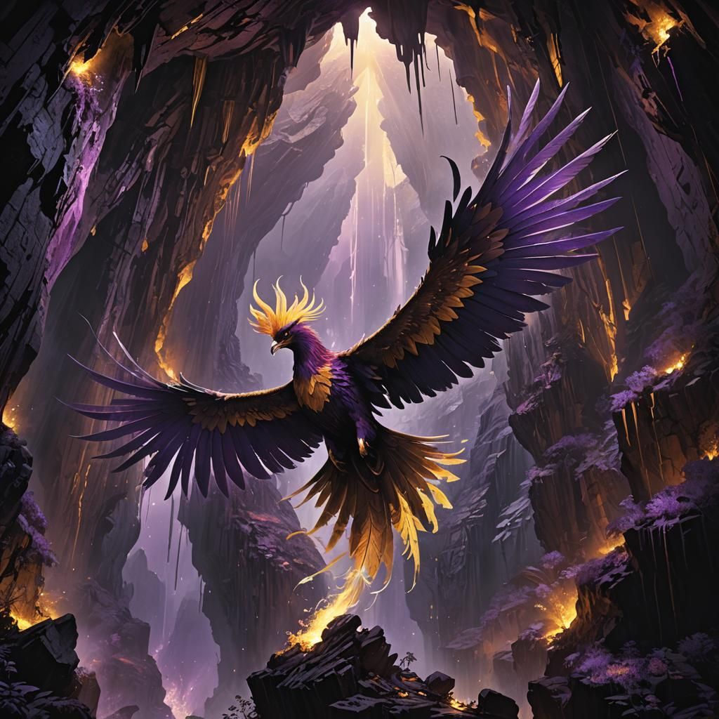 Phoenix in Dark Cave: Fantasy Art