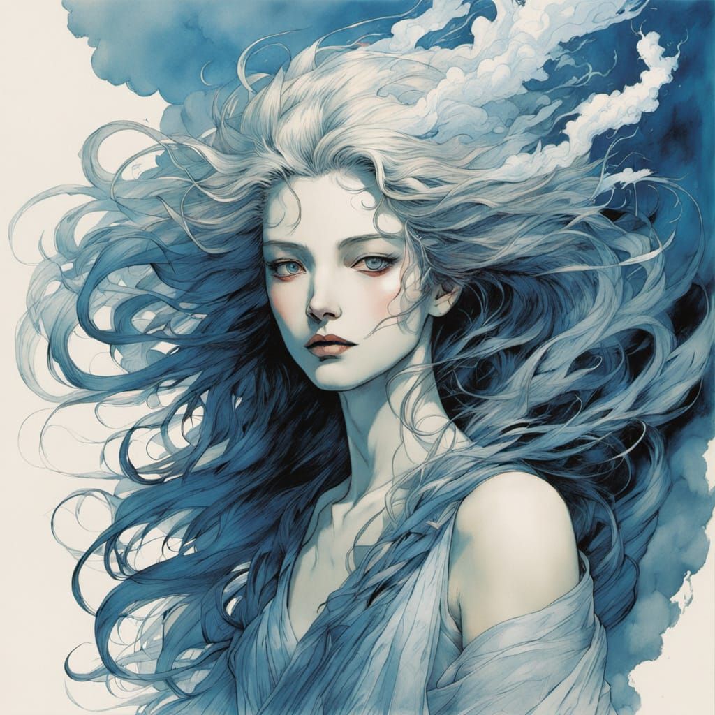 Mystical Wind Deity with Whimsical Clouds and Storm