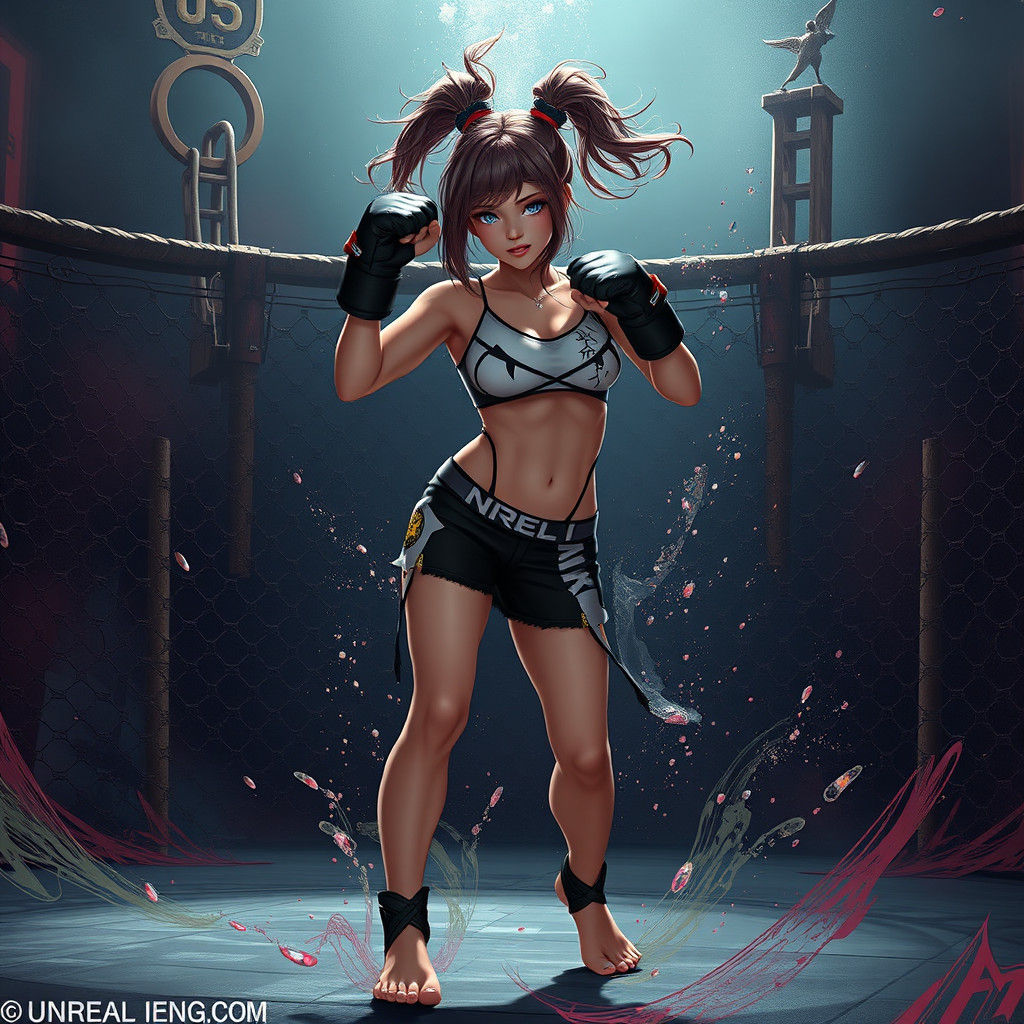 Barefoot MMA Anime Goth Girl in Detailed Painting