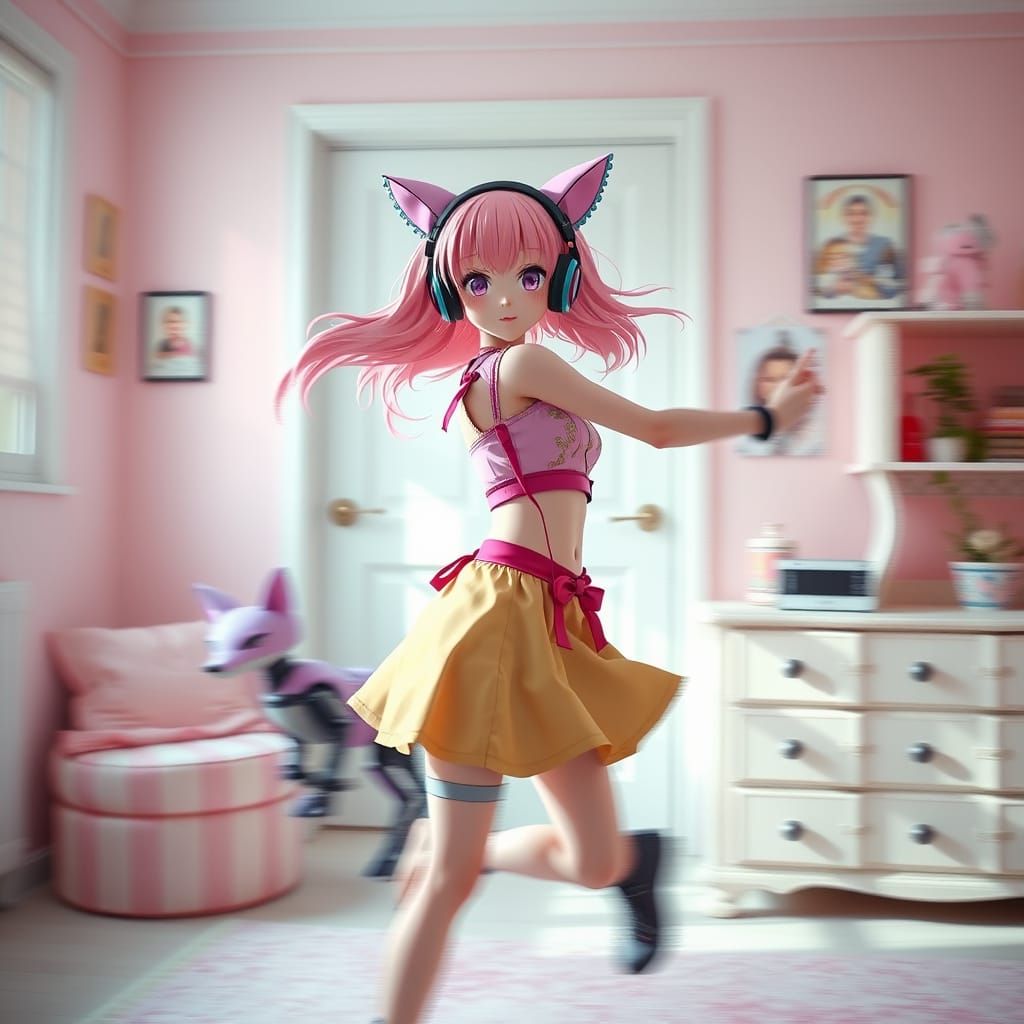 Vibrant Anime Girl Dances with Robotic Fox in Dreamy Pastel ...