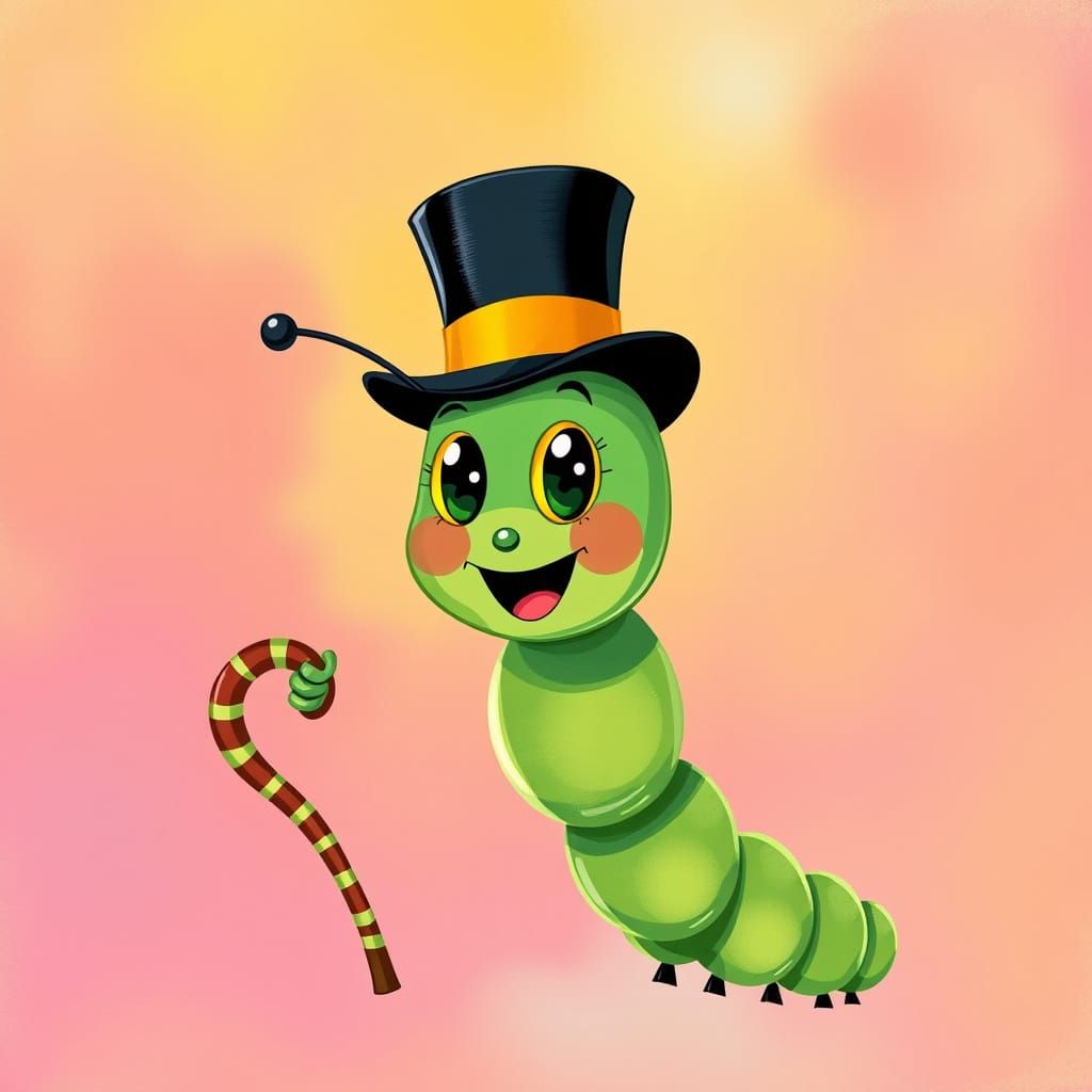 Happy Caterpillar in Top Hat and Cane