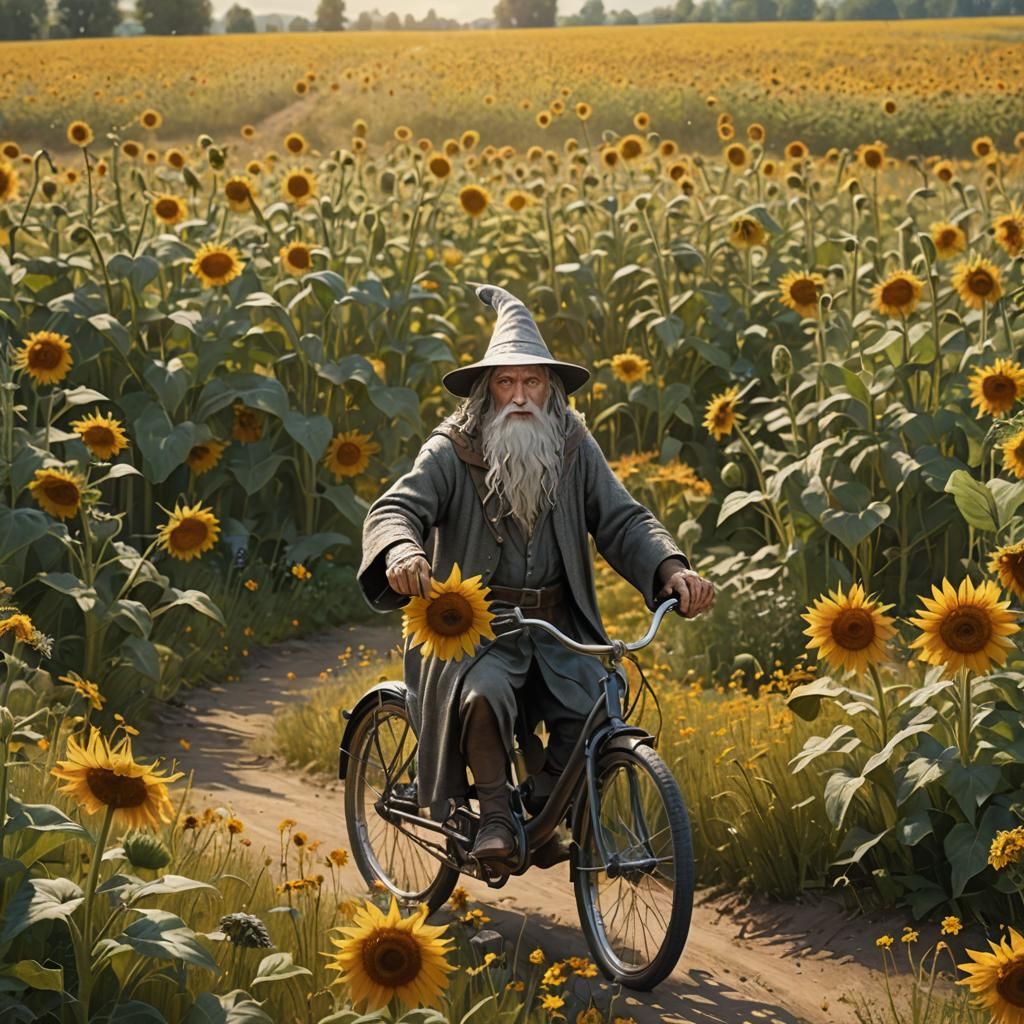 Gandalf Rides Bicycle Through Summer Sunflower Field