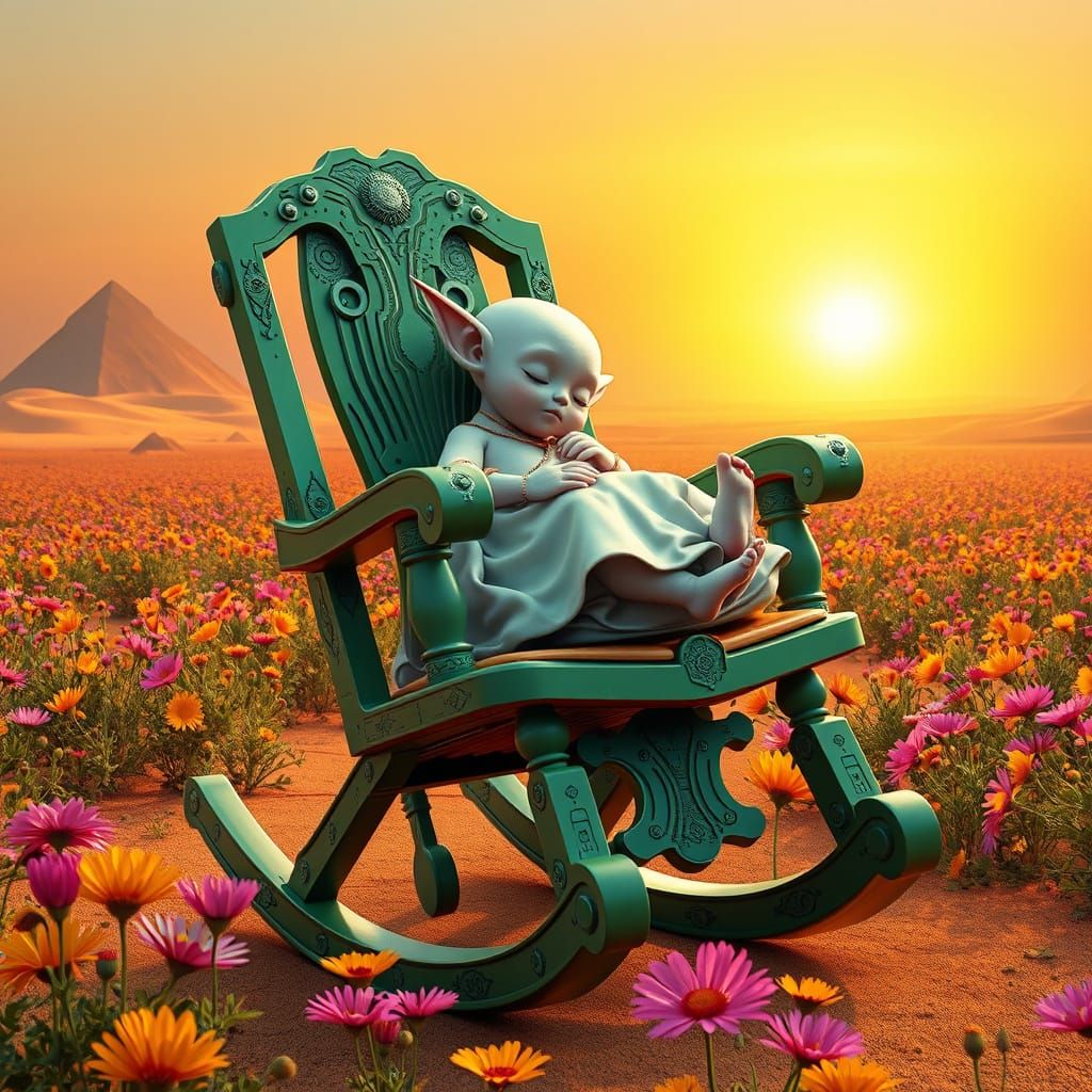 Alien Goddess Asleep in Egyptian Sunrise Landscape