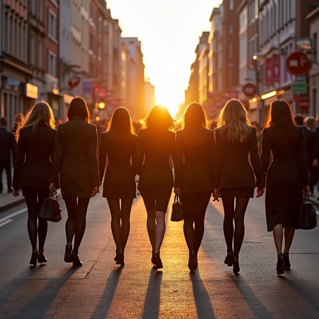 Elegant Ladies Stroll Through Dublin Streets at Sunset
