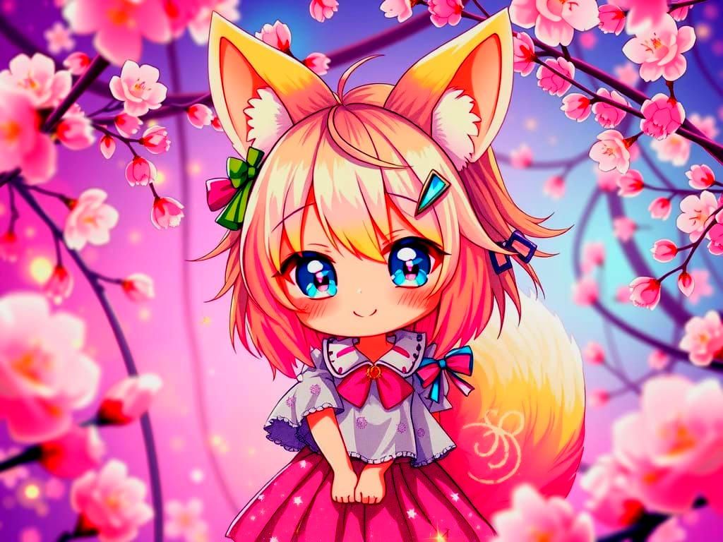 Neon Foxgirl Amidst Sakura Blossoms