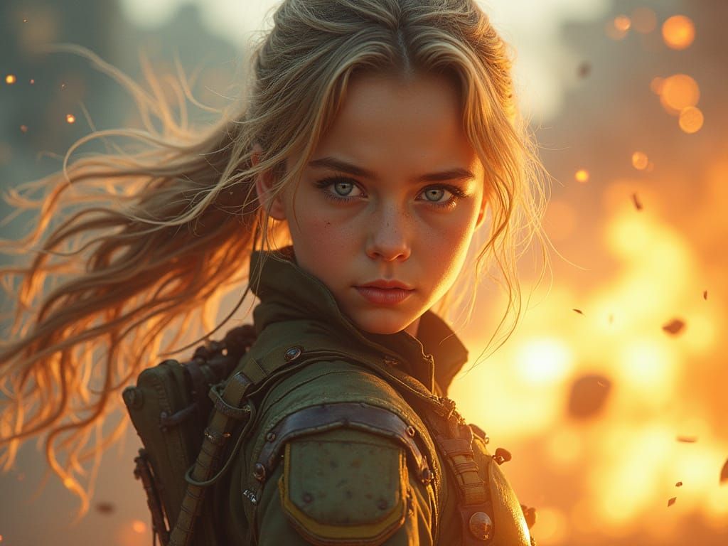 Young Female Soldier in Action-Packed Superhero Battle