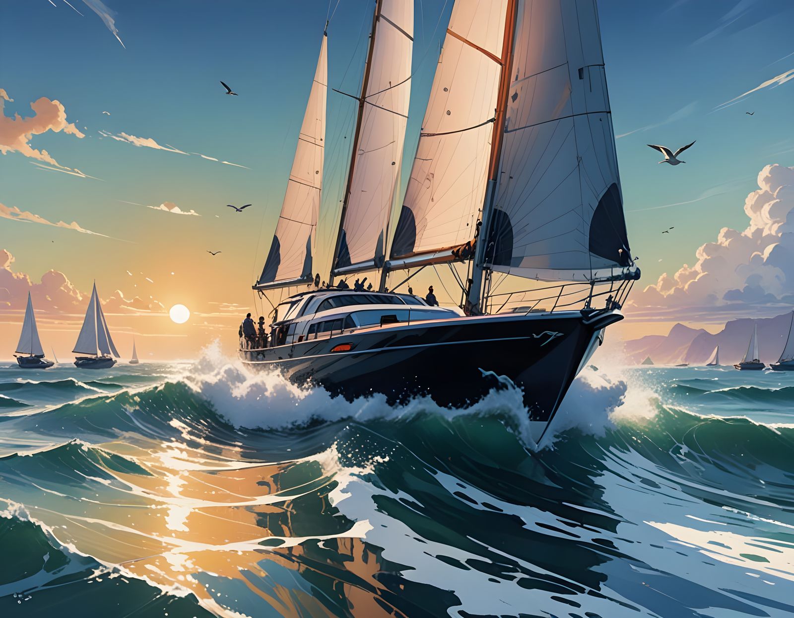 Sailors and Seagulls in Joyful Ocean Scene, Concept Art Styl...