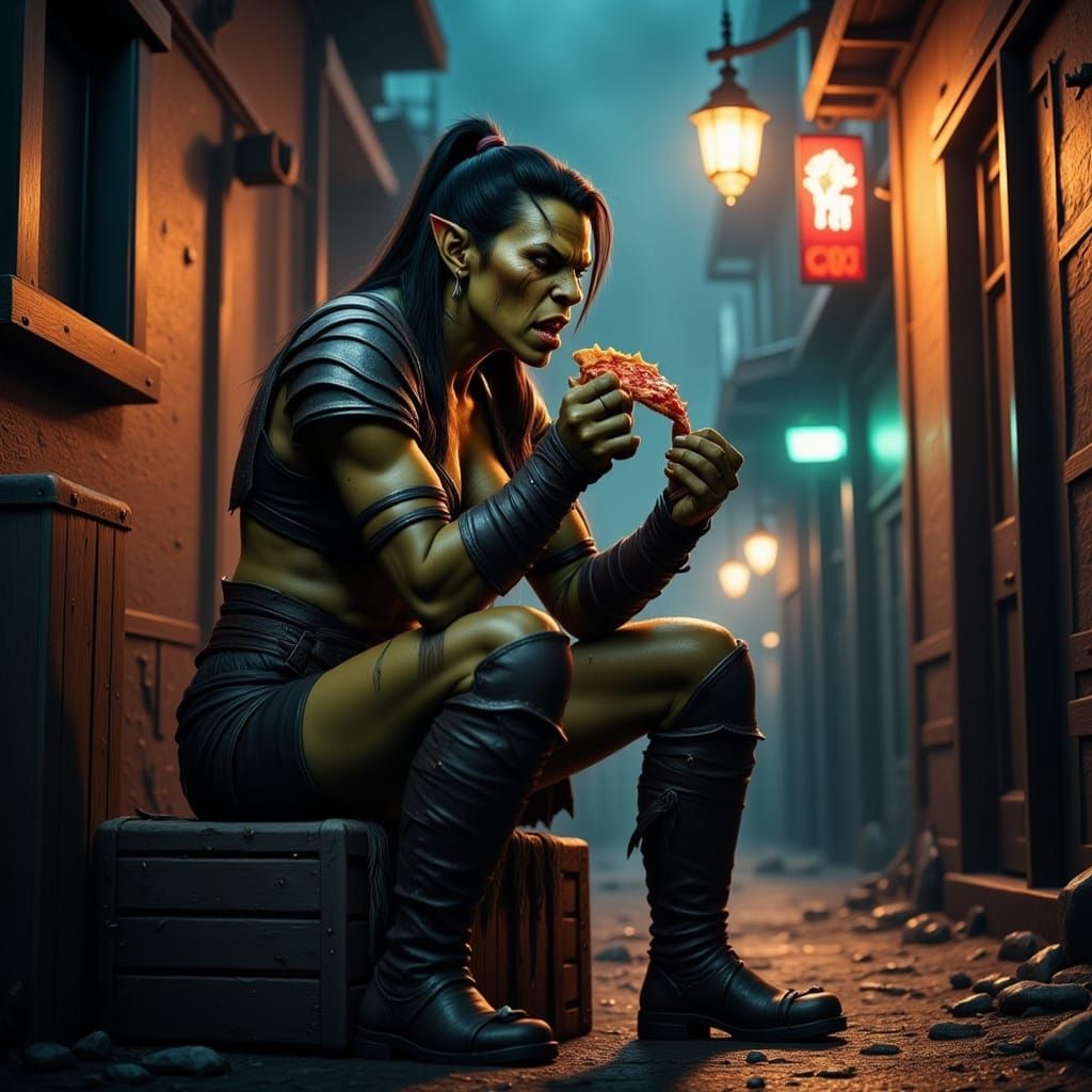 Female Orc Warrior Eats Stolen Pizza in Dark Alley